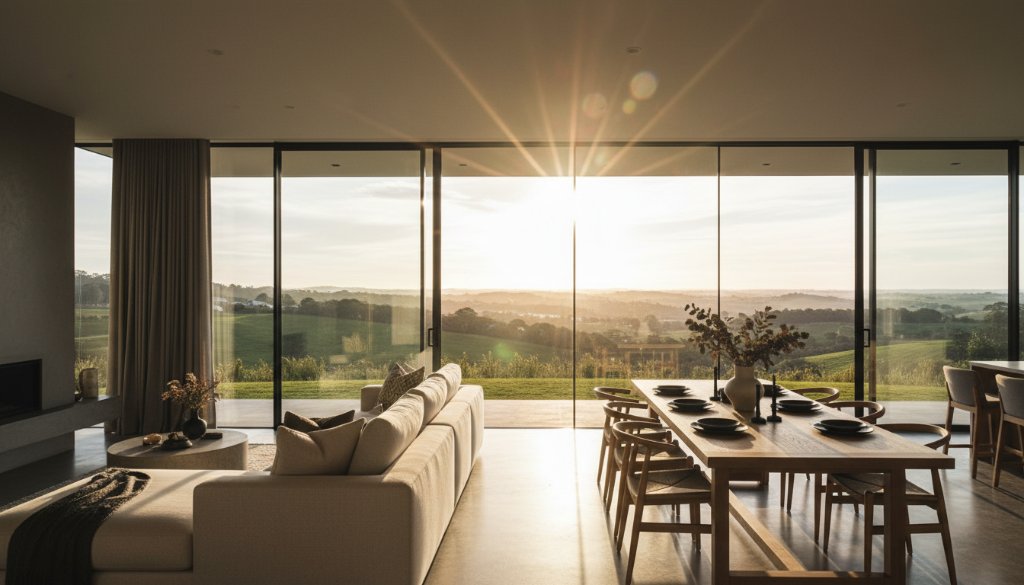 Dramatic wide-angle shot of a beautifully staged living room in a modern Churchill Victoria home at dusk, sunlight streaming through large windows, showcasing professional Churchill Victoria real estate photography for faster property sales, with a warm, inviting glow.
