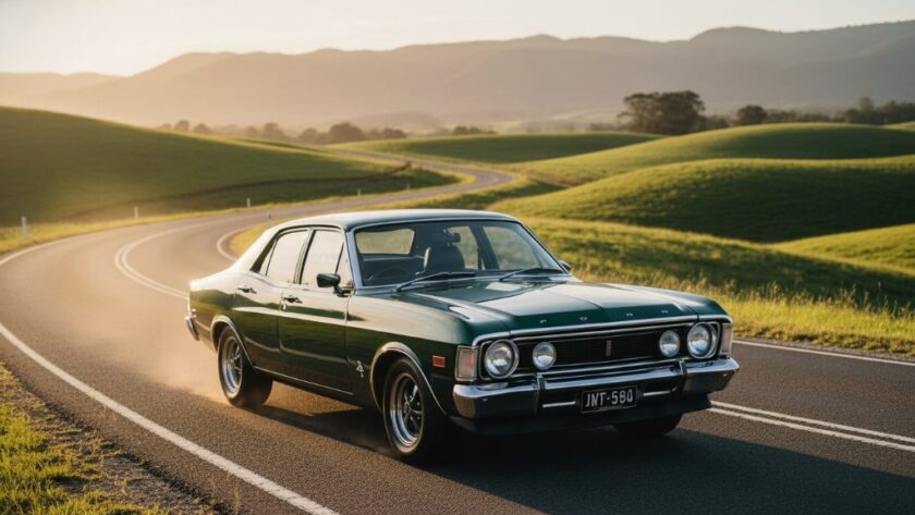 An epic moment of a classic muscle car, gleaming under the golden hour sun, parked strategically on a winding country road in Churchill Victoria, showcasing professional Churchill Victoria's scenic automotive photography.