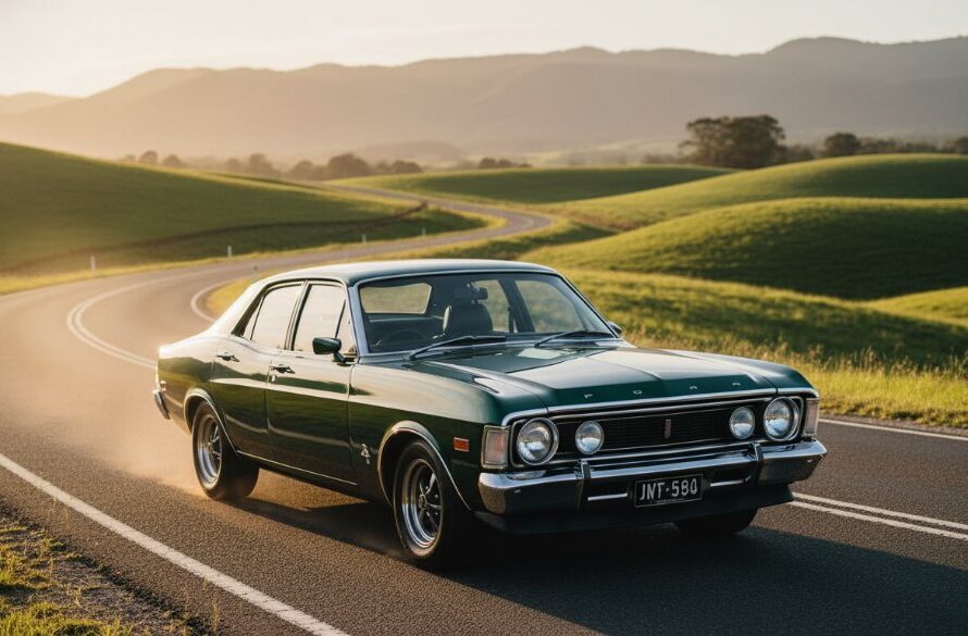 An epic moment of a classic muscle car, gleaming under the golden hour sun, parked strategically on a winding country road in Churchill Victoria, showcasing professional Churchill Victoria's scenic automotive photography.