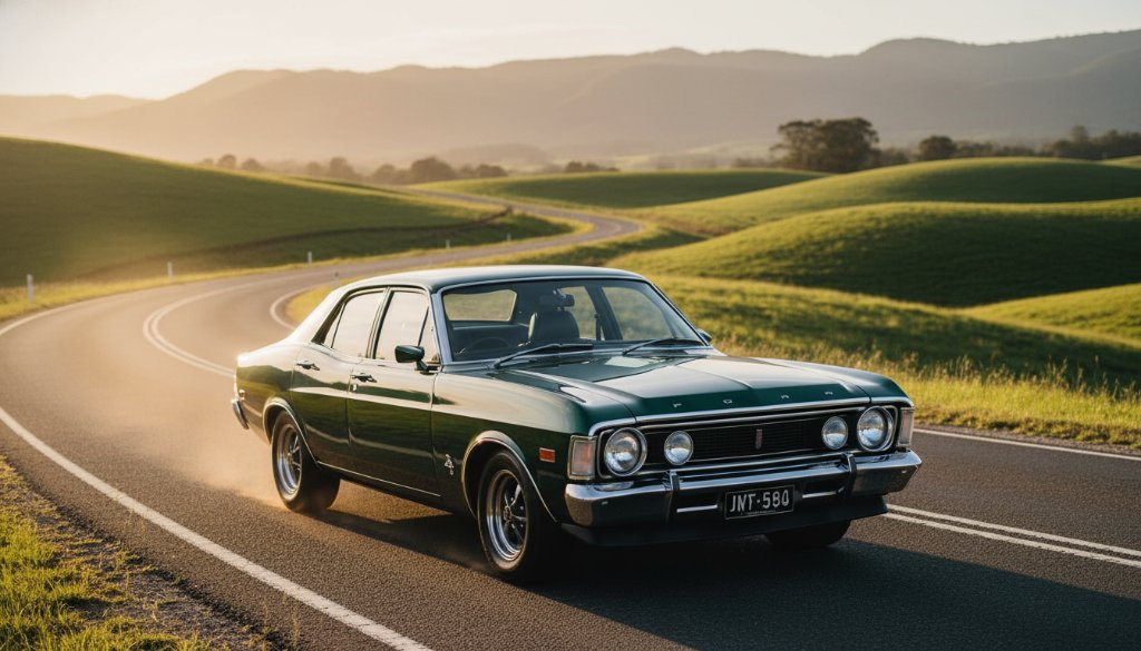 An epic moment of a classic muscle car, gleaming under the golden hour sun, parked strategically on a winding country road in Churchill Victoria, showcasing professional Churchill Victoria's scenic automotive photography.