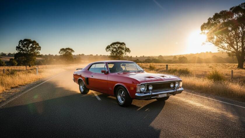 An epic moment of classic car elegance photography Beaconsfield, featuring a pristine vintage muscle car, bathed in the warm glow of a setting sun on a winding country road near Beaconsfield, Victoria, with dramatic lens flare and a rich, cinematic colour palette.