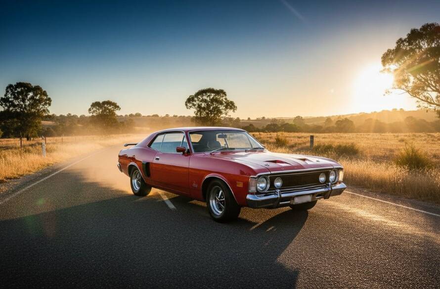 An epic moment of classic car elegance photography Beaconsfield, featuring a pristine vintage muscle car, bathed in the warm glow of a setting sun on a winding country road near Beaconsfield, Victoria, with dramatic lens flare and a rich, cinematic colour palette.