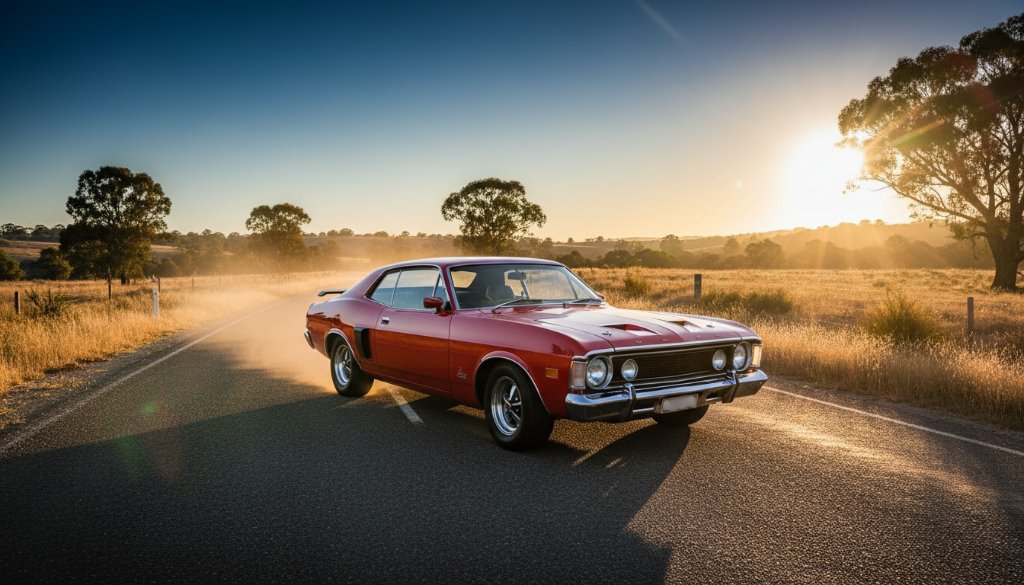 An epic moment of classic car elegance photography Beaconsfield, featuring a pristine vintage muscle car, bathed in the warm glow of a setting sun on a winding country road near Beaconsfield, Victoria, with dramatic lens flare and a rich, cinematic colour palette.