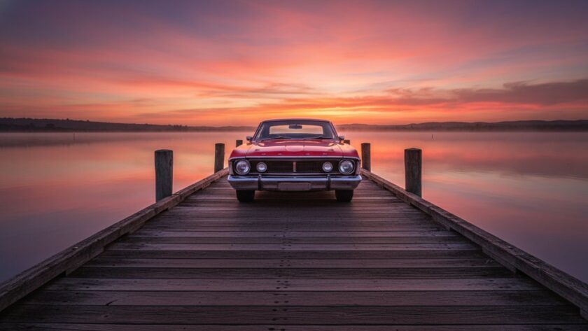 A perfectly composed shot of a gleaming vintage Australian muscle car, vibrant red, parked dramatically at sunset on a pier overlooking the tranquil Gippsland Lakes in Bairnsdale, silhouetted against a fiery orange and purple sky, showcasing the expertise in Classic Car Photography Bairnsdale Gippsland Lakes.