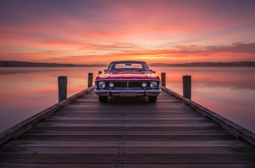 A perfectly composed shot of a gleaming vintage Australian muscle car, vibrant red, parked dramatically at sunset on a pier overlooking the tranquil Gippsland Lakes in Bairnsdale, silhouetted against a fiery orange and purple sky, showcasing the expertise in Classic Car Photography Bairnsdale Gippsland Lakes.