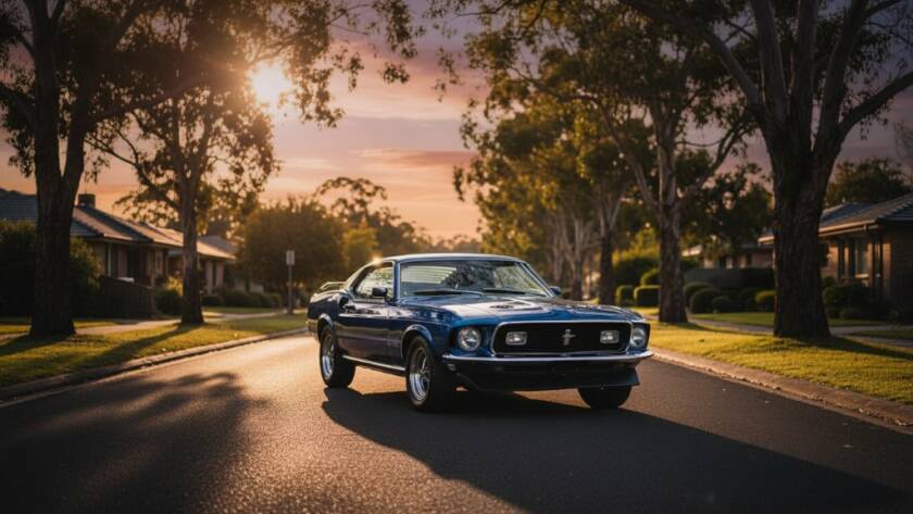 Dramatic evening shot of a perfectly restored classic muscle car, bathed in the golden hour glow, parked on a quiet, tree-lined street in Bayswater North, expertly showcasing its chrome details and sleek lines, a testament to Classic Car Photography Bayswater North Capturing Heritage.
