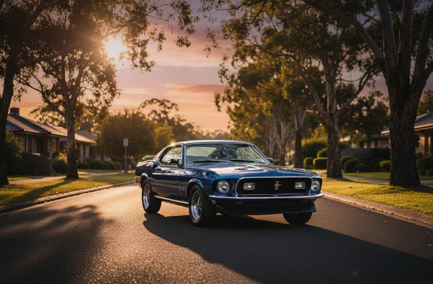 Dramatic evening shot of a perfectly restored classic muscle car, bathed in the golden hour glow, parked on a quiet, tree-lined street in Bayswater North, expertly showcasing its chrome details and sleek lines, a testament to Classic Car Photography Bayswater North Capturing Heritage.