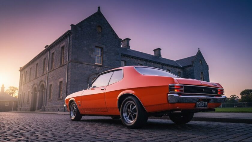 An epic moment capture of a gleaming vintage Australian muscle car, possibly a Holden Monaro, parked dramatically under the setting sun in front of the historic Castlemaine Gaol, showcasing classic car photography Castlemaine Goldfields with deep shadows and golden hour light.