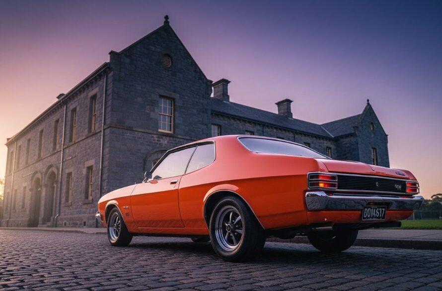 An epic moment capture of a gleaming vintage Australian muscle car, possibly a Holden Monaro, parked dramatically under the setting sun in front of the historic Castlemaine Gaol, showcasing classic car photography Castlemaine Goldfields with deep shadows and golden hour light.