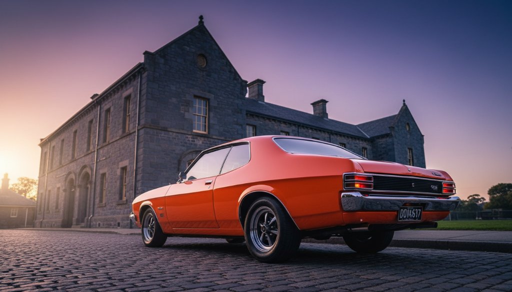 An epic moment capture of a gleaming vintage Australian muscle car, possibly a Holden Monaro, parked dramatically under the setting sun in front of the historic Castlemaine Gaol, showcasing classic car photography Castlemaine Goldfields with deep shadows and golden hour light.