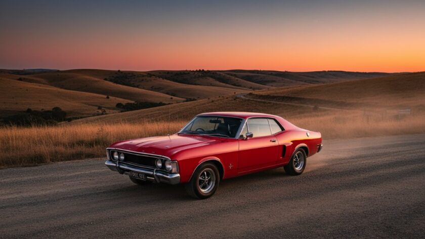 Dramatic, cinematic shot of a gleaming classic muscle car parked on a dusty country road near Eureka, Victoria goldfields, bathed in the golden hour light, capturing the essence of classic car photography Eureka Victoria goldfields.