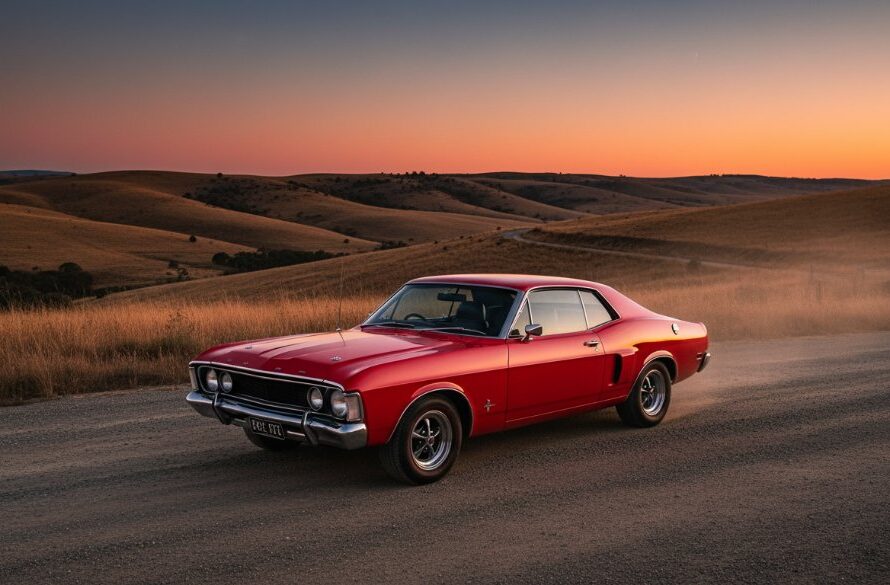 Dramatic, cinematic shot of a gleaming classic muscle car parked on a dusty country road near Eureka, Victoria goldfields, bathed in the golden hour light, capturing the essence of classic car photography Eureka Victoria goldfields.