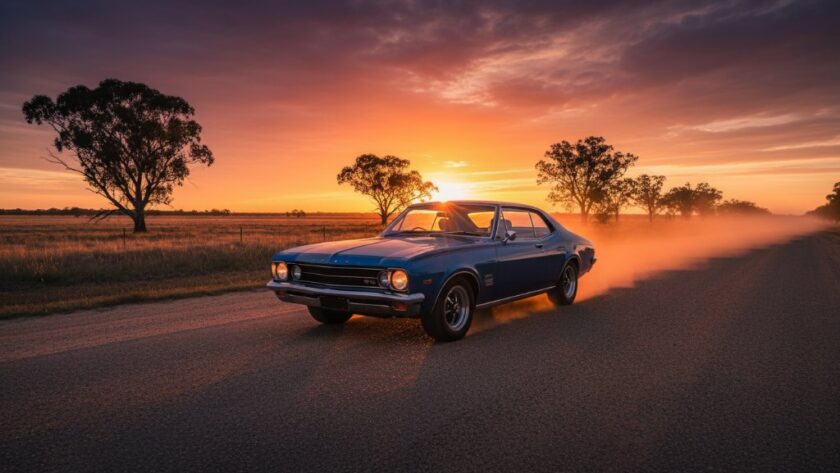 Dramatic photograph capturing a classic Holden muscle car at sunset, silhouetted against the vibrant, golden light of the Wimmera plains near Horsham, Victoria, showcasing expert Classic Car Photography Horsham Wimmera Sunset techniques. The car is perfectly framed on a quiet country road, dust subtly rising, with dramatic sky colours and professional colour grading.