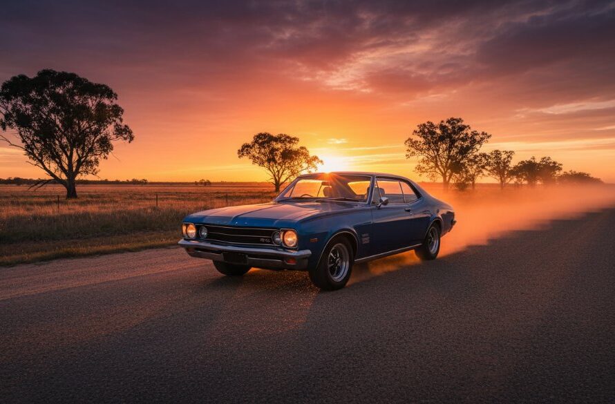 Dramatic photograph capturing a classic Holden muscle car at sunset, silhouetted against the vibrant, golden light of the Wimmera plains near Horsham, Victoria, showcasing expert Classic Car Photography Horsham Wimmera Sunset techniques. The car is perfectly framed on a quiet country road, dust subtly rising, with dramatic sky colours and professional colour grading.