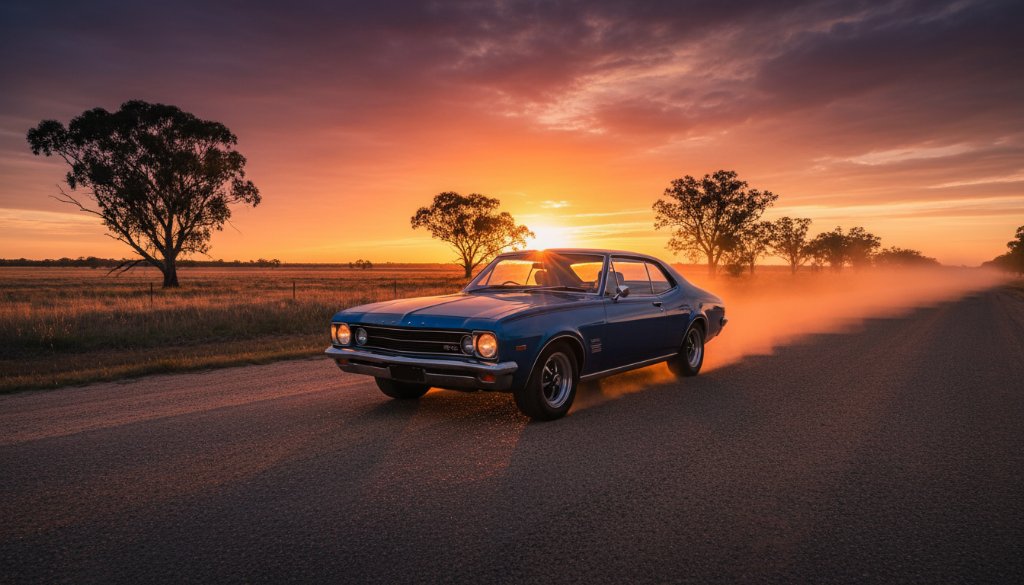 Dramatic photograph capturing a classic Holden muscle car at sunset, silhouetted against the vibrant, golden light of the Wimmera plains near Horsham, Victoria, showcasing expert Classic Car Photography Horsham Wimmera Sunset techniques. The car is perfectly framed on a quiet country road, dust subtly rising, with dramatic sky colours and professional colour grading.