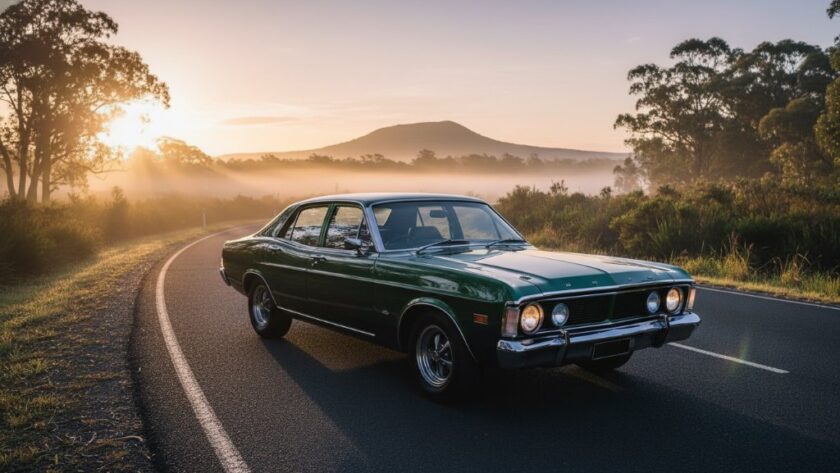 A stunning wide shot capturing classic car photography Mount Helen's scenic drives, featuring a gleaming vintage sports car parked dramatically at sunrise on a winding road with misty bushland in the background, professional colour grading highlighting its elegant lines.