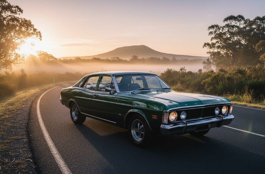 A stunning wide shot capturing classic car photography Mount Helen's scenic drives, featuring a gleaming vintage sports car parked dramatically at sunrise on a winding road with misty bushland in the background, professional colour grading highlighting its elegant lines.