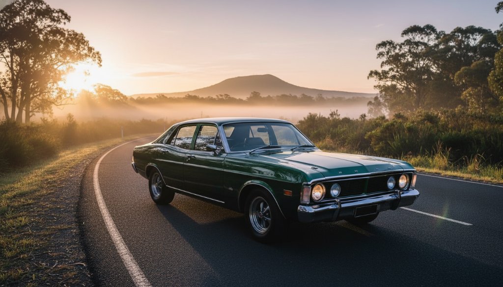 A stunning wide shot capturing classic car photography Mount Helen's scenic drives, featuring a gleaming vintage sports car parked dramatically at sunrise on a winding road with misty bushland in the background, professional colour grading highlighting its elegant lines.