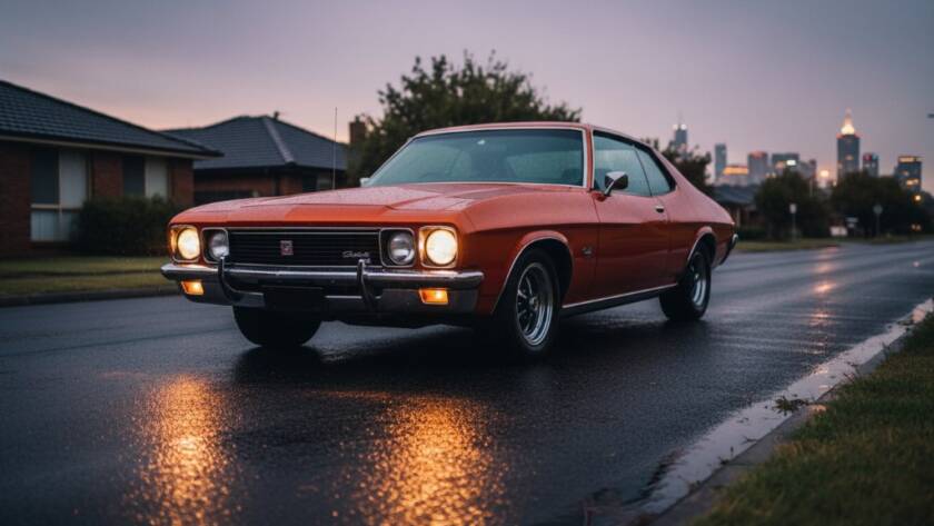 An epic moment captured in Classic Car Photography Ringwood VIC, showing a gleaming, vintage muscle car parked dramatically on a rain-slicked suburban street in Ringwood at twilight, with headlights glowing and urban lights reflecting off its polished chrome, conveying power and timeless elegance.
