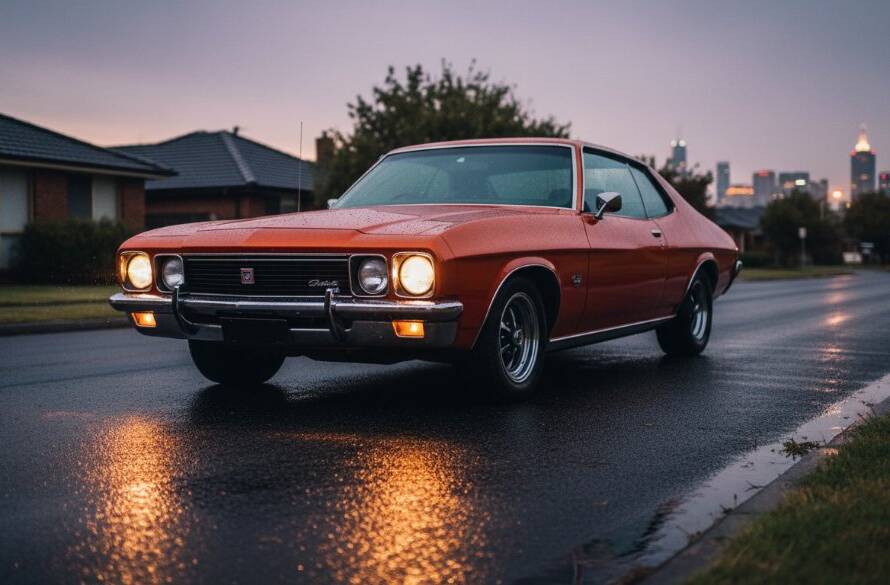 An epic moment captured in Classic Car Photography Ringwood VIC, showing a gleaming, vintage muscle car parked dramatically on a rain-slicked suburban street in Ringwood at twilight, with headlights glowing and urban lights reflecting off its polished chrome, conveying power and timeless elegance.