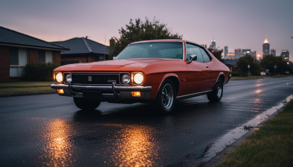 An epic moment captured in Classic Car Photography Ringwood VIC, showing a gleaming, vintage muscle car parked dramatically on a rain-slicked suburban street in Ringwood at twilight, with headlights glowing and urban lights reflecting off its polished chrome, conveying power and timeless elegance.