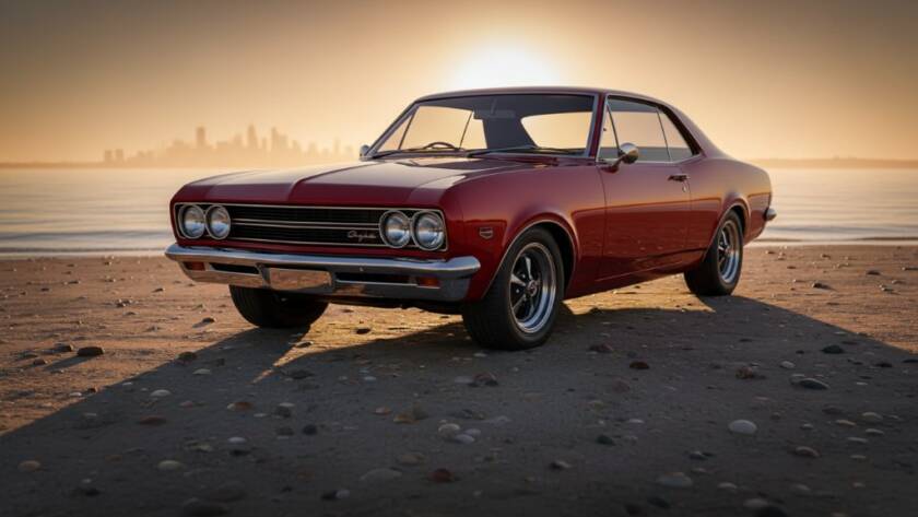An epic moment of a perfectly restored classic car gleaming in the classic car photography Seabrook foreshore golden hour light, parked on the Seabrook foreshore with soft, warm sunbeams illuminating its polished chrome and curves, against a blurred backdrop of calm bay waters and distant Melbourne skyline, captured with dramatic flair and professional colour grading.