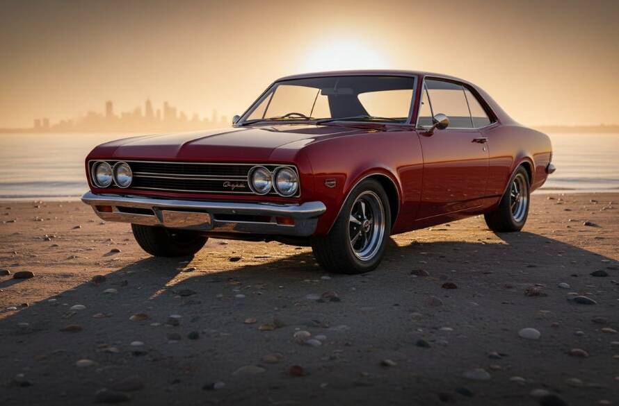 An epic moment of a perfectly restored classic car gleaming in the classic car photography Seabrook foreshore golden hour light, parked on the Seabrook foreshore with soft, warm sunbeams illuminating its polished chrome and curves, against a blurred backdrop of calm bay waters and distant Melbourne skyline, captured with dramatic flair and professional colour grading.