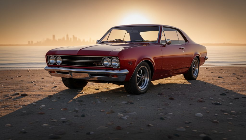 An epic moment of a perfectly restored classic car gleaming in the classic car photography Seabrook foreshore golden hour light, parked on the Seabrook foreshore with soft, warm sunbeams illuminating its polished chrome and curves, against a blurred backdrop of calm bay waters and distant Melbourne skyline, captured with dramatic flair and professional colour grading.