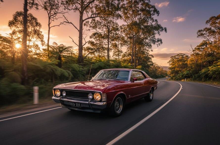 Dramatic shot of a polished vintage muscle car speeding along a winding road in the Dandenong Ranges near The Basin, Victoria, at sunset, capturing classic car photography The Basin Victoria in an epic moment of motion and light.