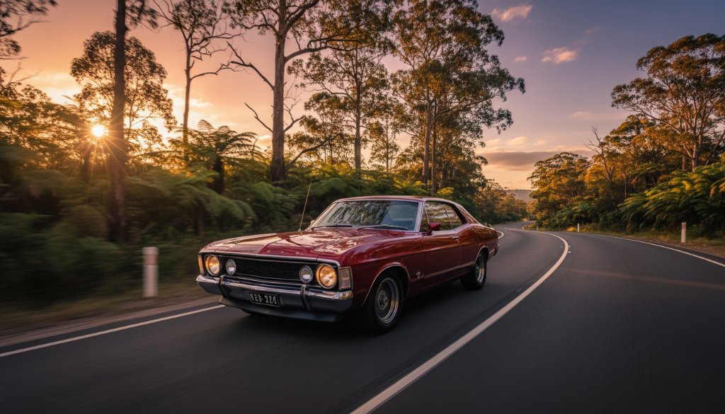 Dramatic shot of a polished vintage muscle car speeding along a winding road in the Dandenong Ranges near The Basin, Victoria, at sunset, capturing classic car photography The Basin Victoria in an epic moment of motion and light.