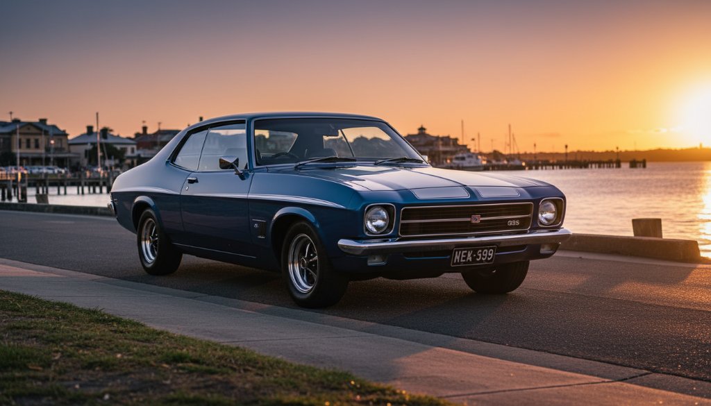 A stunning golden hour shot of a polished vintage Holden cruising along the historic Williamstown foreshore, capturing classic car photography Williamstown docks with dramatic lighting and a cinematic feel.