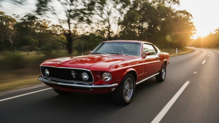 Dramatic, professional photograph capturing a gleaming vintage red muscle car driving along a winding road at sunset in Wonga Park, Victoria, showcasing classic car photography Wonga Park scenic roads with golden light highlighting its chrome details and a slight motion blur.