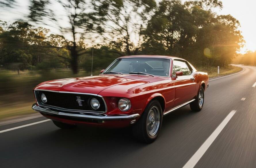 Dramatic, professional photograph capturing a gleaming vintage red muscle car driving along a winding road at sunset in Wonga Park, Victoria, showcasing classic car photography Wonga Park scenic roads with golden light highlighting its chrome details and a slight motion blur.