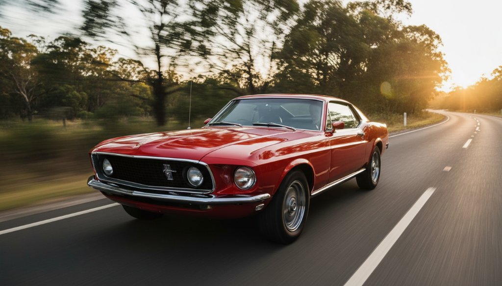 Dramatic, professional photograph capturing a gleaming vintage red muscle car driving along a winding road at sunset in Wonga Park, Victoria, showcasing classic car photography Wonga Park scenic roads with golden light highlighting its chrome details and a slight motion blur.