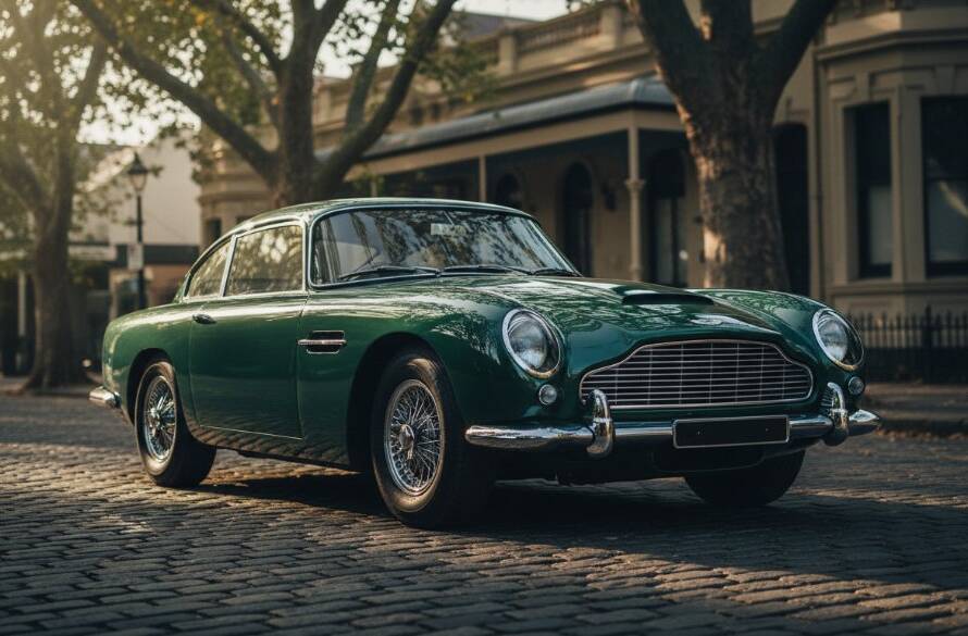 An epic wide shot capturing a gleaming vintage red convertible on a tree-lined street in Armadale at sunset, highlighting its timeless elegance during a Classic Car Photoshoot Armadale Melbourne.