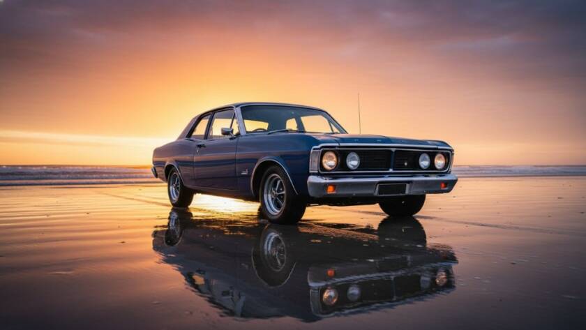 A stunning wide shot of a classic car photoshoot Chelsea beach Victoria, featuring a gleaming vintage convertible parked dramatically at sunset on the sandy shore, with waves crashing gently and a warm, golden hour glow.