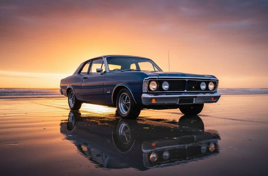 A stunning wide shot of a classic car photoshoot Chelsea beach Victoria, featuring a gleaming vintage convertible parked dramatically at sunset on the sandy shore, with waves crashing gently and a warm, golden hour glow.