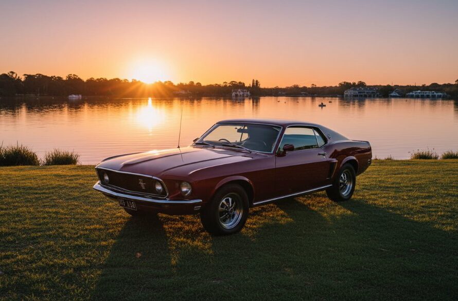 A stunning Classic Car Photoshoot Lake Wendouree Golden Hour, showcasing a gleaming vintage muscle car parked beside the calm lake at sunset, with dramatic, long shadows and a rich, warm colour palette. The scene captures the vehicle's elegance and power in an epic, professional automotive photograph.