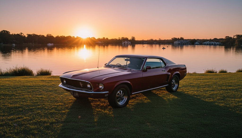 A stunning Classic Car Photoshoot Lake Wendouree Golden Hour, showcasing a gleaming vintage muscle car parked beside the calm lake at sunset, with dramatic, long shadows and a rich, warm colour palette. The scene captures the vehicle's elegance and power in an epic, professional automotive photograph.