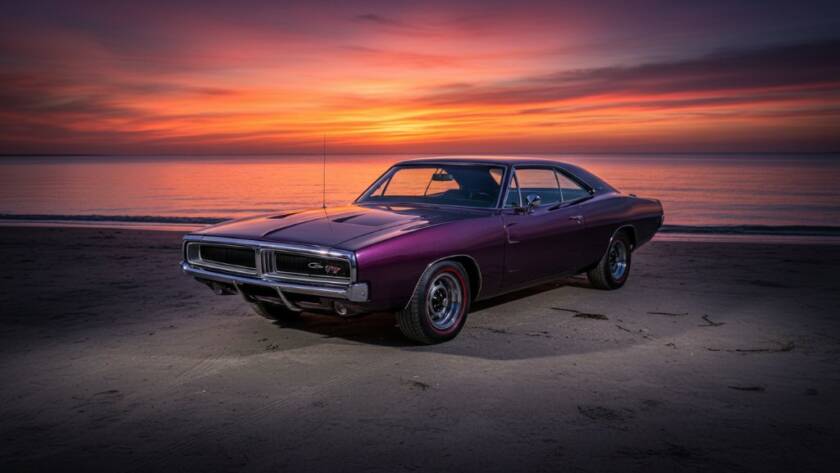 An epic moment from a Classic Car Photoshoot Mentone Beach Sunset, featuring a perfectly restored vintage muscle car gleaming under the golden hour light, parked on the sandy foreshore with the calm waters of Port Phillip Bay in the background, captured with dramatic, cinematic flair.