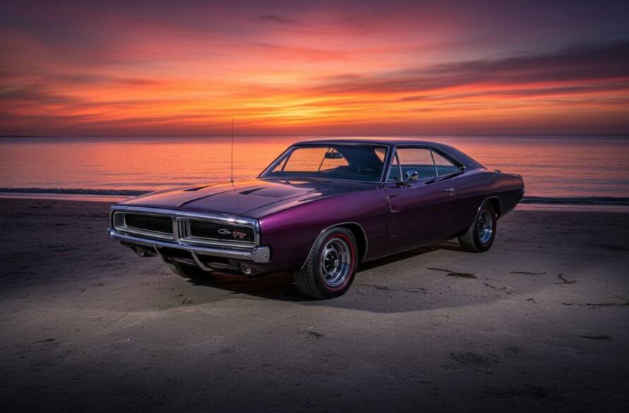 An epic moment from a Classic Car Photoshoot Mentone Beach Sunset, featuring a perfectly restored vintage muscle car gleaming under the golden hour light, parked on the sandy foreshore with the calm waters of Port Phillip Bay in the background, captured with dramatic, cinematic flair.