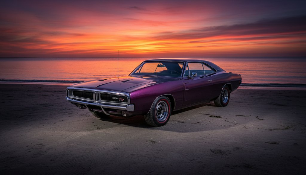 An epic moment from a Classic Car Photoshoot Mentone Beach Sunset, featuring a perfectly restored vintage muscle car gleaming under the golden hour light, parked on the sandy foreshore with the calm waters of Port Phillip Bay in the background, captured with dramatic, cinematic flair.