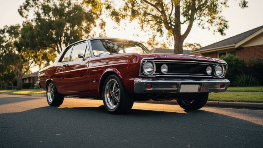 Dramatic, low-angle shot of a meticulously restored vintage Ford Mustang during a classic car photoshoot Vermont South Victoria, bathed in golden hour light, parked on a quiet, leafy street in Vermont South, with a subtle bokeh background of gum trees, capturing its timeless elegance.