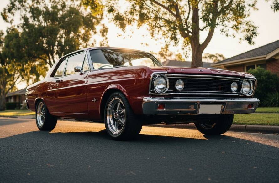 Dramatic, low-angle shot of a meticulously restored vintage Ford Mustang during a classic car photoshoot Vermont South Victoria, bathed in golden hour light, parked on a quiet, leafy street in Vermont South, with a subtle bokeh background of gum trees, capturing its timeless elegance.