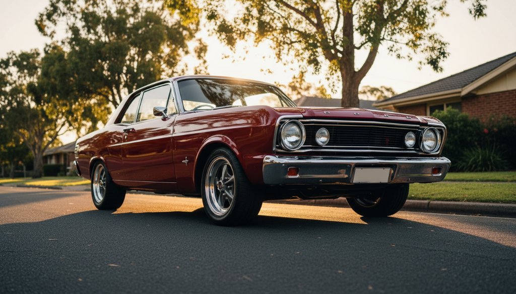 Dramatic, low-angle shot of a meticulously restored vintage Ford Mustang during a classic car photoshoot Vermont South Victoria, bathed in golden hour light, parked on a quiet, leafy street in Vermont South, with a subtle bokeh background of gum trees, capturing its timeless elegance.
