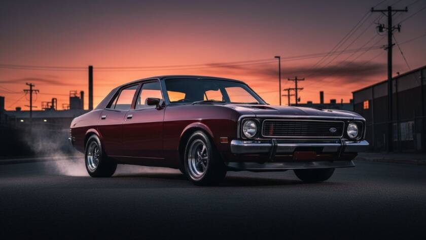 A professional, cinematic wide shot of a sleek, dark modern sports car parked dramatically under the vibrant orange glow of a setting sun in a quiet Clayton industrial park, highlighting expert Clayton Automotive Photography Victoria.
