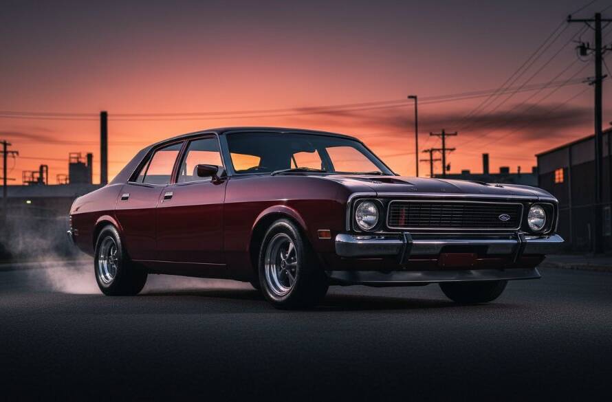A professional, cinematic wide shot of a sleek, dark modern sports car parked dramatically under the vibrant orange glow of a setting sun in a quiet Clayton industrial park, highlighting expert Clayton Automotive Photography Victoria.