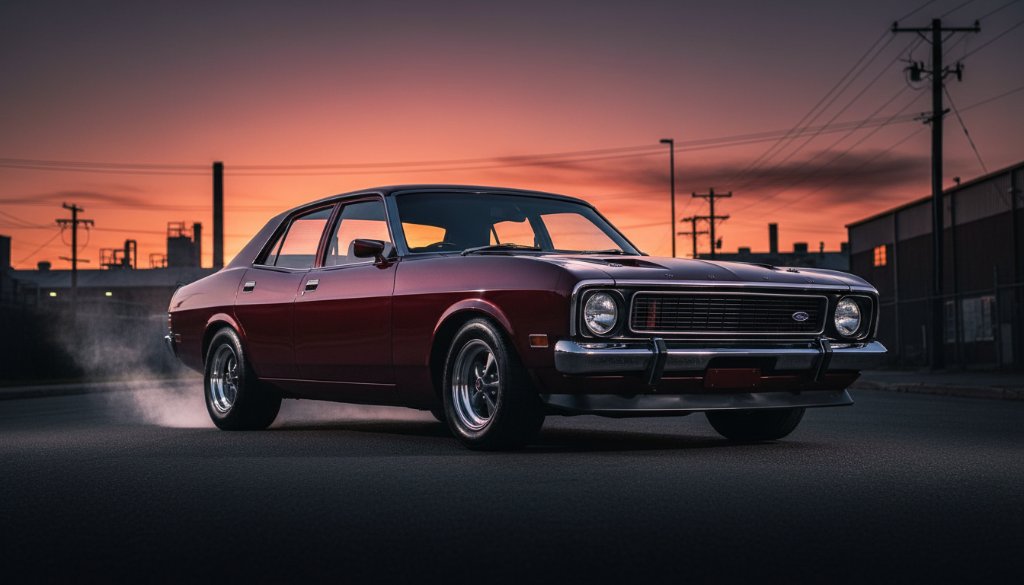 A professional, cinematic wide shot of a sleek, dark modern sports car parked dramatically under the vibrant orange glow of a setting sun in a quiet Clayton industrial park, highlighting expert Clayton Automotive Photography Victoria.