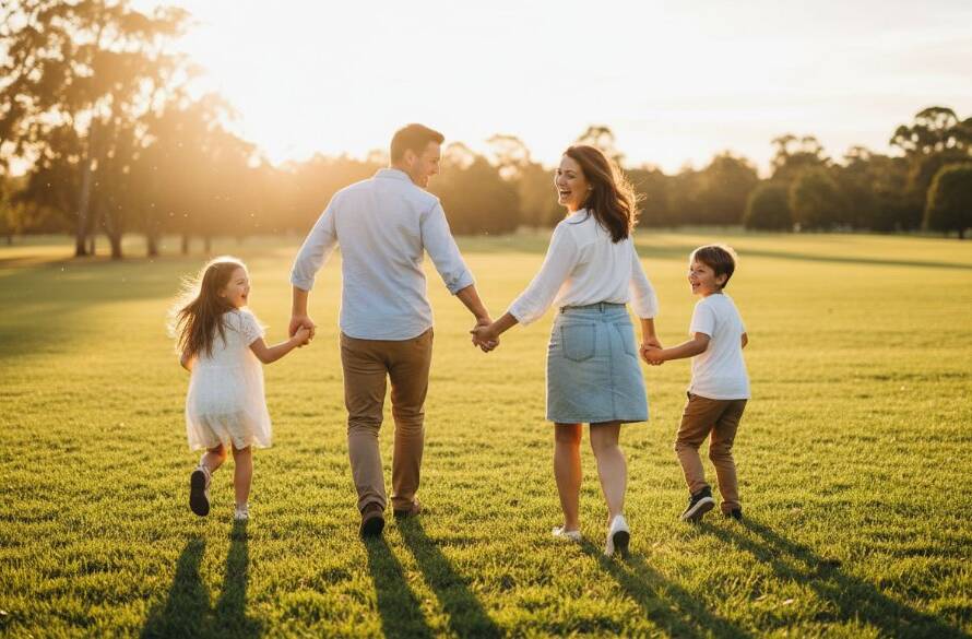 A heartwarming, sun-drenched image capturing a family's joyous, candid moment during a professional Clayton family photography session, with children laughing as parents embrace them in a scenic Clayton park at golden hour, showcasing genuine connection and love.