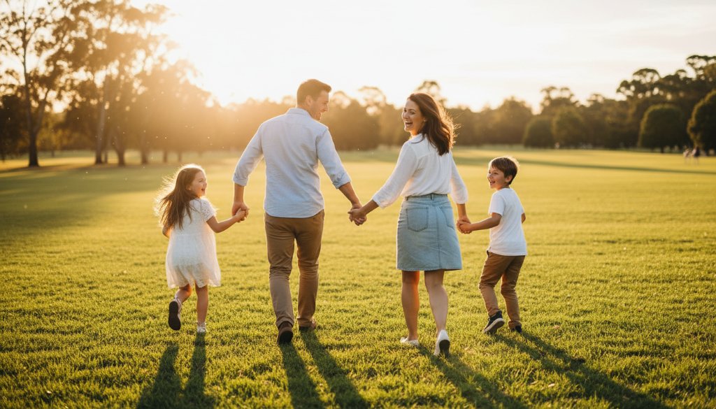 A heartwarming, sun-drenched image capturing a family's joyous, candid moment during a professional Clayton family photography session, with children laughing as parents embrace them in a scenic Clayton park at golden hour, showcasing genuine connection and love.